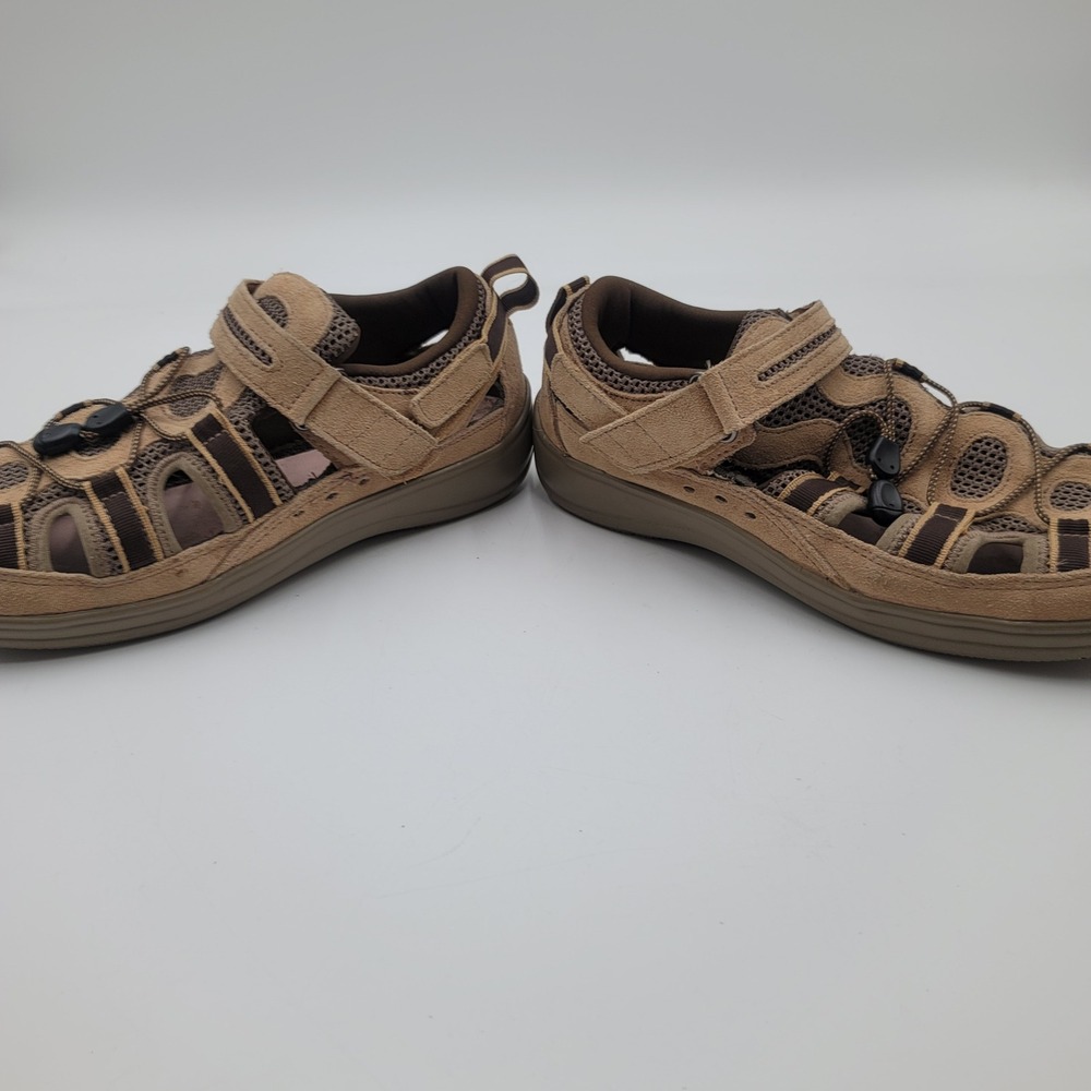 Orthofeet 77873 Womens 11 Wide Tan Leather Mesh Fisherman Sandals Bungee Strap - Picture 6 of 8